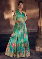 Georgette Sky Blue Party Wear Embroidery Work Readymade Gown With Dupatta